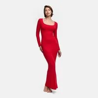cfab Jerseykleid Ribbed Long Sleeve Maxikleid-Fire Red-2XL (1-tlg)