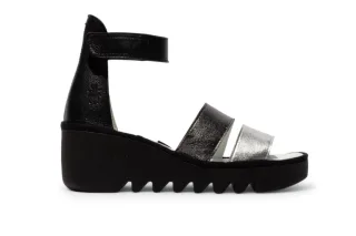 Fly London Damen BONO290FLY Silber Schwarz Idra Leder Sandalen Espadrille Wedges