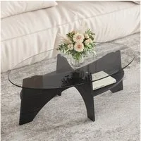 STILVORA Couchtisch Wohnzimmertisch Sofatisch aus Sicherheitsglas (Kaffeetisch aus Sicherheitsglas, multifunktionales Design, Fächerförmiges Gestell.Tischbeine aus MDF mit schwarzer Holzoptik), für Esszimmer,Büro