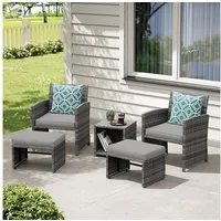 Sunsitt Balkonset Balkonmöbel-Set, 5-tlg Rattan Gartenmöbel-Set, (2er Gartensessel mit Beistelltisch&Hocker,Gartensitzgruppe inkl), Sitzkissen&Rückenkissen, Gartensofa Set für Garten Indoor Balkon, Grau