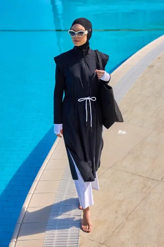 Schwarzes Burkini-Set mit vollständiger Abdeckung für islamische Badebekleidung