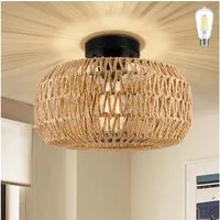LMaxhome LED Deckenleuchte Hängend Boho Rattan Deckenlampe Vintage Kronleuchter Lampenschirm Flur, E27 Glühbirne LED fest integriert Bambus Wohnzimmer Esszimmer Lampe
