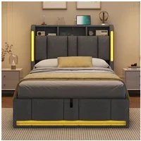 MSMASK Polsterbett 90×200cm, Bett mit Steckdosen & LED Beleuchtung, Stauraum und Kopfteil (Ohne Matratze)
