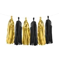 partydeco Girlande Girlande Quasten Schwarz-Gold, 12Stk./200cm
