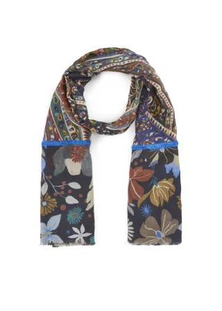 Premium Schal aus Wollmischung mit appliziertem Zierband und Paisleymuster blau - Gr. - one size