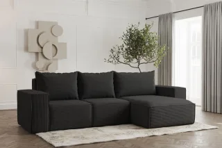 Ecksofa Designersofa ESTELLE in Stoff Poso Schwarz Ottomane Rechts
