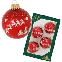 Krebs Glas Lauscha Weihnachtsbaumkugel Glaskugel 4er Set - Rot mit Sternen und Rentieren - ca. 7 cm, Harmonische Weihnachtsdekoration - ideal auch als Geschenkidee