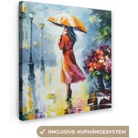 OneMillionCanvasses® Leinwandbild Ölfarbenoptik - Regenschirm - Frau - Straße - Kunst, Fotodruck (1 St), Wandbild, Deko Schlafzimmer Wohnzimmer Flur 20x20 cm