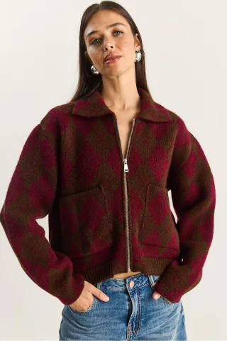 Dicker Jacquard-Strickcardigan mit Reißverschluss