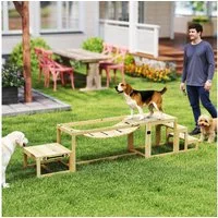 PawHut Agility-Hürde 4er-Set Hundetraining mit Brücke, Treppe, Plattform, Tannenholz, Agility Set (3-tlg) für mittelgroße, große Hunde bis 40 kg, Naturholz