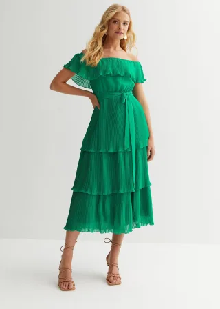 Groene gestreepte bardot midaxi jurk