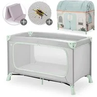 Hauck Baby-Reisebett Dream N Play Plus - Dusty Mint, Kinderreisebett mit Eingang, Matratze, Moskitonetz & Spielzelt faltbar