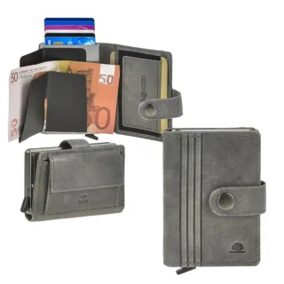 Kartenetui mit RFID-Schutz aus Leder grau | Greenburry Vintage | Modernes Mini-Portemonnaie mit sportiven Prägungen und sicherem Alucase.