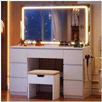 HOMALL Schminktisch Schminktisch Mit großer LED-Spiegelbeleuchtung und 7 Schubladen (Maße: 115 × 40 × 139 cm, mit Stauraumbank, 2 Steckdosen, 1 USB-Anschluss, 1 Typ-C-Anschluss, 1 Föhnhalterung)