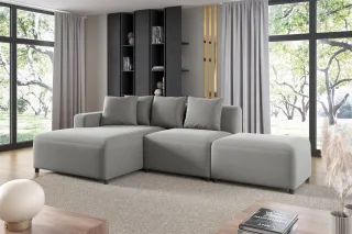 Ecksofa Designersofa MEGAN XS inkl. Hocker Stoff Salvador Hellgrau Ottomane L...
