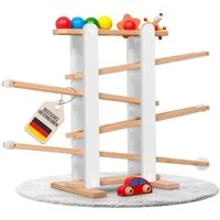 Coemo Kugelbahn, (8-tlg), Holzkugelbahn mit 7 mobilen Teilen Murmelbahn Motorik Spielzeug