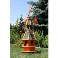 Holzdekoladen Deko-Windrad Gartenwindmühle aus Holz 130 cm – mit weißer Solarbeleuchtung