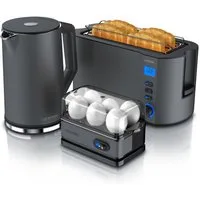 Arendo Frühstücks-Set (3-tlg), Wasserkocher 1,5l, 4-Scheiben Toaster, 6er Eierkocher, Cool Grey