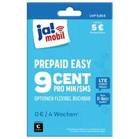 Ja! Mobil Prepaid Easy Simkarte mit 5€ Startguthaben Prepaidkarte, (9 ct in alle deutschen Netze, EU-Roaming inkl. Schweiz, ohne Vertrag)