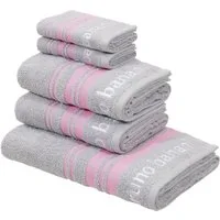 Bruno Banani Handtuch Set Daniel, 1 Duschtuch 70x140, 2 Handtücher 50x100, 2 Gästetücher 30x50, Walkfrottee (Set, 5-St), Streifen-Bordüre & Markenlogo, weich, 100% Baumwolle
