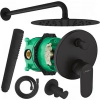 Hansgrohe und Bofler Duscharmatur Vernis Blend Unterputz Armatur für 2 Verbraucher + IBOX 1 (Duschsystem, Duschanlage, Duschset, inkl. BOFLER Duschset #42, Brauseset, Regendusche Ø20cm, Wandarm) matt schwarz, Antikalk-Gummidüsen, Wassersparende Regen