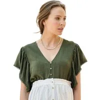 Envie de Fraise Umstandsbluse Bluse mit Leinen für Schwangerschaft und Stillzeit Makramee-Details, V-Ausschnit