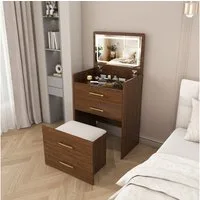 BBWL Schminktisch Kompakter 3-in-1 Schminktisch mit Glasplatte, Aufklappbarem Spiegel (3 Schubladen & Bequemem Hocker für Schlafzimmer, Weiß), B60/H118/T40 cm