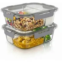 Arendo Frischhaltedose 3 Fächer, Deckel, 2er Set Glas Vorratsdosen, Lunchboxen, auslaufsicher, Borosilikatglas, (Set, 2-tlg., 2 x Vorratsdosen), Mikrowellen, Ofen, Gefrier & spülmaschinengeeignet, Bento, Meal Prep
