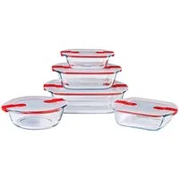 PYREX Frischhaltedose Cook & Heat, Borosilikatglas, (Frischhaltedosen-Set, 5-tlg., rund, quadratisch & rechteckig, 0,3–2,5 l), mit Ventil, luftdicht, auslaufsicher, mikrowellengeeignet, BPA-frei