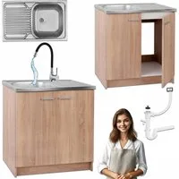 STAMAR Spülenschrank Küchenschrank 80cm Sonoma Spüle Abtropf Armatur Schwarz Elastisch XXL Standschrank 49cm Tiefe Siphon Geschirrspüler Komplett Montagefertig