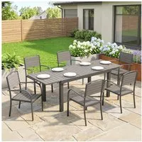 Outsunny Garten-Essgruppe Ausziehbar Tisch mit 6 Stühlen, Holzoptik, Lamellendesign, Aluminium, (Sitzgruppe, 7-tlg., Gartenmöbel Set), für Garten Balkon Terrasse Grau