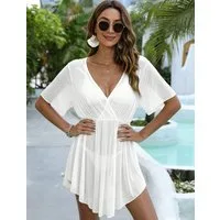 MOPUEA Strandkleid V-Ausschnitt-Überwurfkleid Mesh-Optik Cover Up Für Strand Pool&Urlaub (Strandtunika Für Damen Mit Transparenter Mesh-Optik, Leichte Strandtunika Mit V Ausschnitt Und Taillenschnitt) Transparentes Mesh Asymmetrischer Saum Schnell Tr