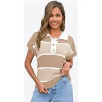 Imily Bela Kurzarmpullover Damen Gestreifter Kurzarm Strickpullover mit Knopfleiste (Packung, 1-tlg., 1per-Pack) mit V-Ausschnitt