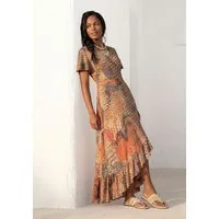 Buffalo Maxikleid mit Alloverdruck und Volantrock, Flügelärmel Jerseykleid, Animalkleid, Sommerkleid im Vokuhila-Schnitt, Druckkleid