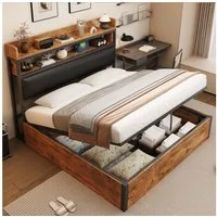 Flieks Holzbett, Hydraulisches Stauraumbett Metallbett Doppelbett 180x200cm USB-Laden