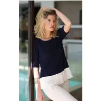 Passioni Sweater Pullover mit Zopfmuster und weißem, plissiertem Stoffdetail