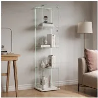 FUROKOY Glasvitrine Standvitrinen, Vitrine aus gehärtetem Glas (Vitrinenschrank mit 1 Glastür und Lichtleiste für Sammler, Bücher) 4 Lagen Sammlervitrine, Weiß