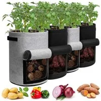 Sunicol Pflanzkübel Pflanzsäcke Kartoffeln aus Vlies Stoff, Doppelseitiges Klettfenster (4 St), 5-10 Gallonen, mit Starken Griffen, für Tomaten,Kartoffeln, Pflanzen