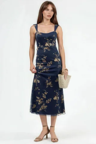 Blumen Midi-Kleid mit Herzkragen