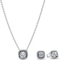 Pandora Kette mit Anhänger 21127, Schmuckset für Damen Funkelndes Quadrat Heiligenschein