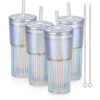 Bossjoy Cocktailglas 4er Trinkbecher Set 650ml mit Deckel & Strohhalm Eiskaffee Smoothie, Glas, hitze- und kältebeständig, spülmaschinengeeignet
