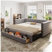 Merax Daybett (Jugendbett Kinderbett aus Baumwoll-Leinenstoff, 1 tlg), Tagesbett Polsterbett Schlafsofa 90x190cm mit Ausziehbett & Schubladen