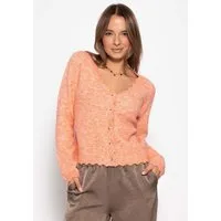 SASSYCLASSY Cardigan Strickjacke mit Bogenkante für Damen Weicher Cardigan mit V-Ausschnitt und Knopfleiste Koralle Offwhite