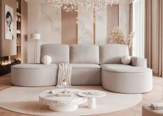 Ecksofa Schlafsofa Sofa ARLET in Stoff Riviera Hellbeige Ottomane Rechts