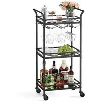 VASAGLE Servierwagen Servierwagen, Rollwagen mit Gläserhalter und verspiegelten Glasablagen, mit 3 Ebenen, Barwagen und Weinwagen für Küche, Esszimmer und Bar