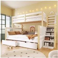 Flieks Etagenbett, Kiefer Kinderbett mit Stauraumtreppe und Schubladen 90x200cm+140x200cm