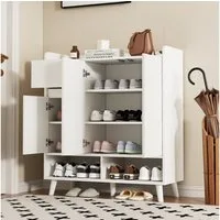 Flieks Schuhschrank mit 1 Schublade und 3 Türen Weiß (ca 12 Paar Schuhe, 1-St., mit verstellbaren Einlegeböden, H99/B90/ T35 cm) Schuhkommode Mehrzweckschrank Sideboard, Massivholzbeine