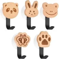 BlingBin Kleiderhaken 5pcs Holz Kleiderhaken Kinder Selbstklebender Wandhaken in Tiere-Form, Türen, Wand, (5 Stück, 5-St., 5pcs), Garderobenhaken Kleiderhaken Wand Wandaufhänger Türhaken