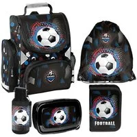 PASO Schulrucksack Mega-Set Football Fußball (Schulset, 5-tlg), Rucksack + Turnbeutel + Federmäppchen + Lunchbox + Trinkflasche