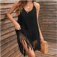 MOPUEA Sommerkleid luftiges Sommerkleid mit spaghettiträgern und sexy fransenlook (Strandkleid für Urlaub, Pool und entspannte Sommertage, Leicht faltbar, ideal für Reisen ohne viel Gepäck) Luftig, locker, knitterarm und angenehm kühl